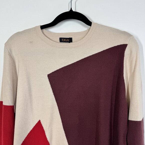 EXUS Beige Red Colorblock Geometric Sweater Size XL Modern Long Sleeve Knit - Picture 3 of 15